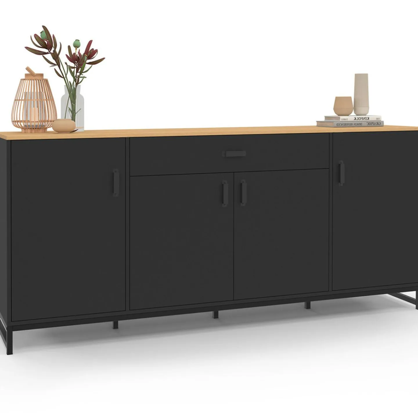 Buffet 180 cm XXL 4 portes et 1 tiroir bois et noir*IDMarket