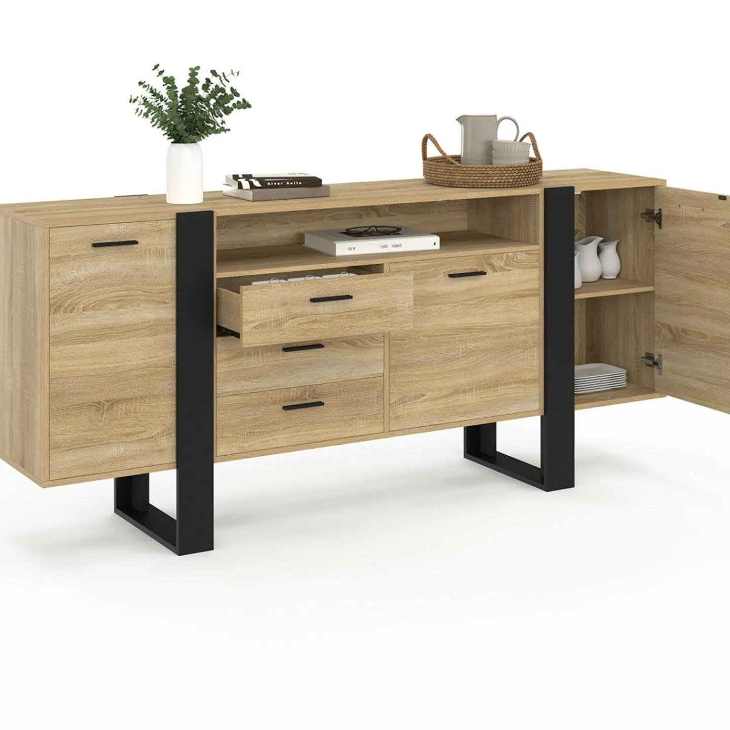 Buffet 180 cm XXL 3 portes et 3 tiroirs avec niche bois et noir*IDMarket Hot