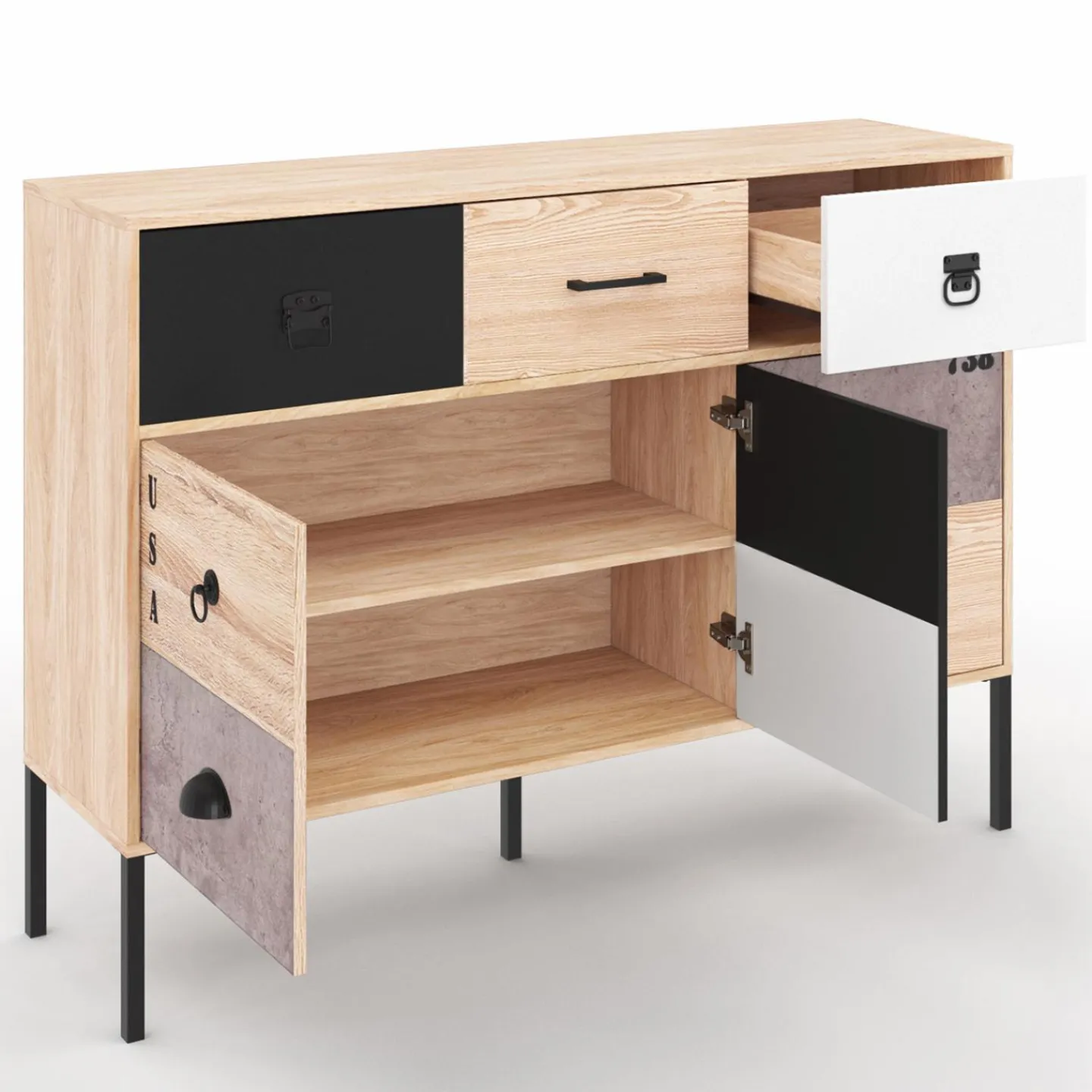 Buffet 3 portes 3 tiroirs design industriel dépareillé*IDMarket Hot