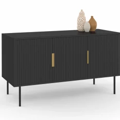 Buffet bas bois noir 110cm 3 portes effet lattes*IDMarket New
