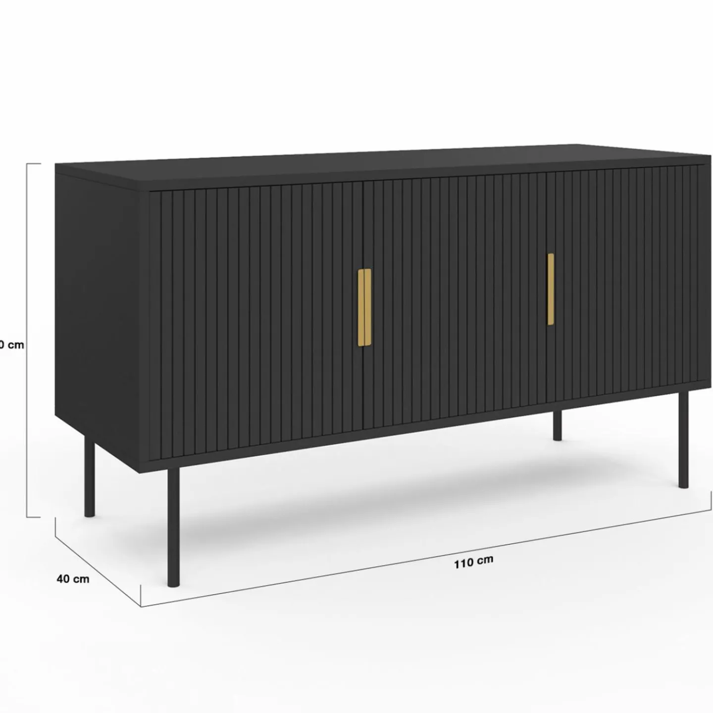 Buffet bas bois noir 110cm 3 portes effet lattes*IDMarket New