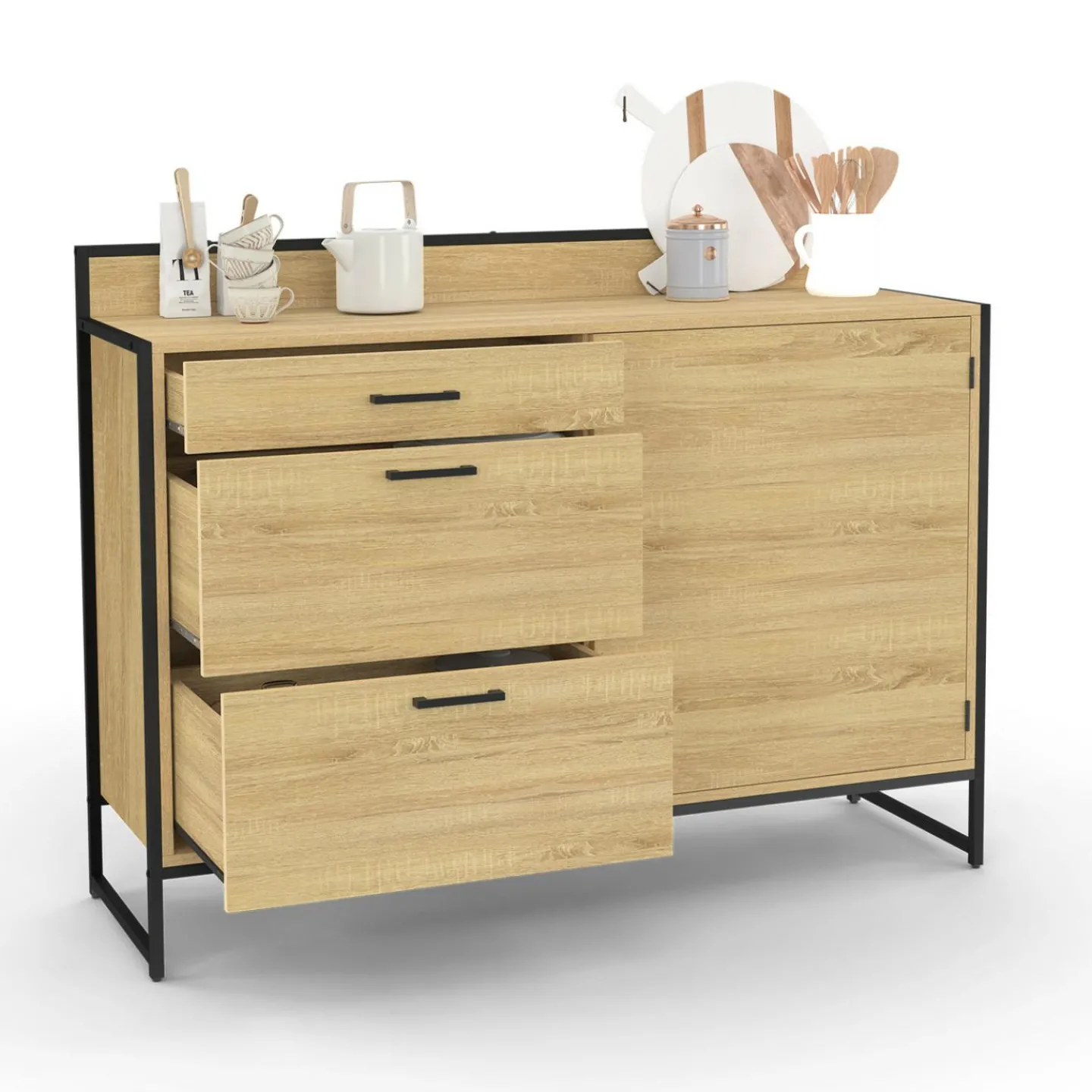 Buffet bas de cuisine 120 cm 3 tiroirs design industriel*IDMarket Online