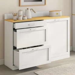 Buffet bas de cuisine 120 cm casserolier plan de travail H.83 cm 1 porte + 3 tiroirs blanc et plateau façon hêtre*IDMarket New