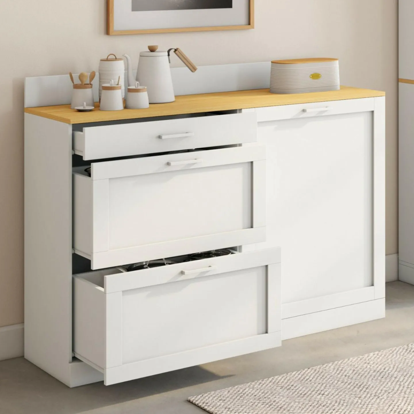 Buffet bas de cuisine 120 cm casserolier plan de travail H.83 cm 1 porte + 3 tiroirs blanc et plateau façon hêtre*IDMarket New