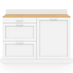 Buffet bas de cuisine 120 cm casserolier plan de travail H.83 cm 1 porte + 3 tiroirs blanc et plateau façon hêtre*IDMarket New