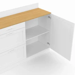 Buffet bas de cuisine 120 cm casserolier plan de travail H.83 cm 1 porte + 3 tiroirs blanc et plateau façon hêtre*IDMarket New