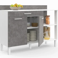 Buffet bas de cuisine blanc 120 cm 2 portes + tiroir effet béton*IDMarket Outlet
