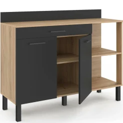 Buffet bas de cuisine bois façon hêtre 120 cm 2 portes + tiroir noir*IDMarket Hot