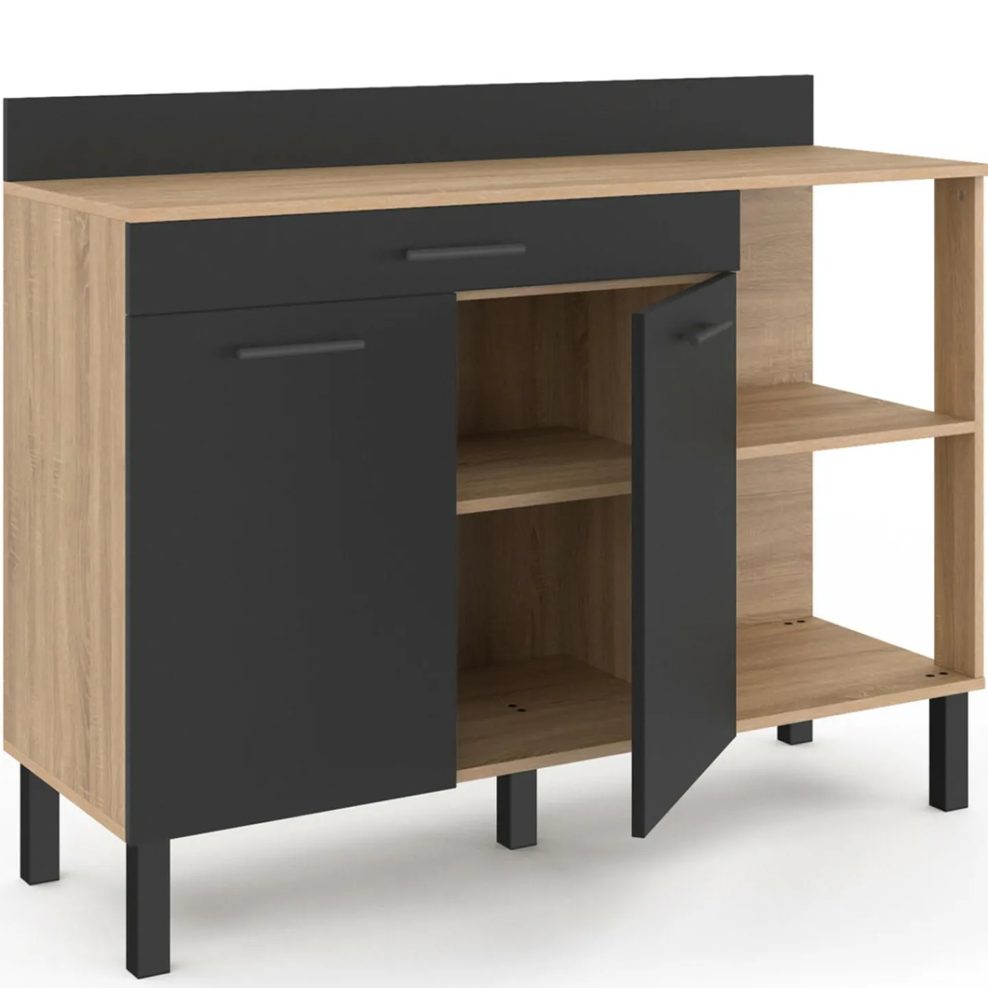 Buffet bas de cuisine bois façon hêtre 120 cm 2 portes + tiroir noir*IDMarket Hot
