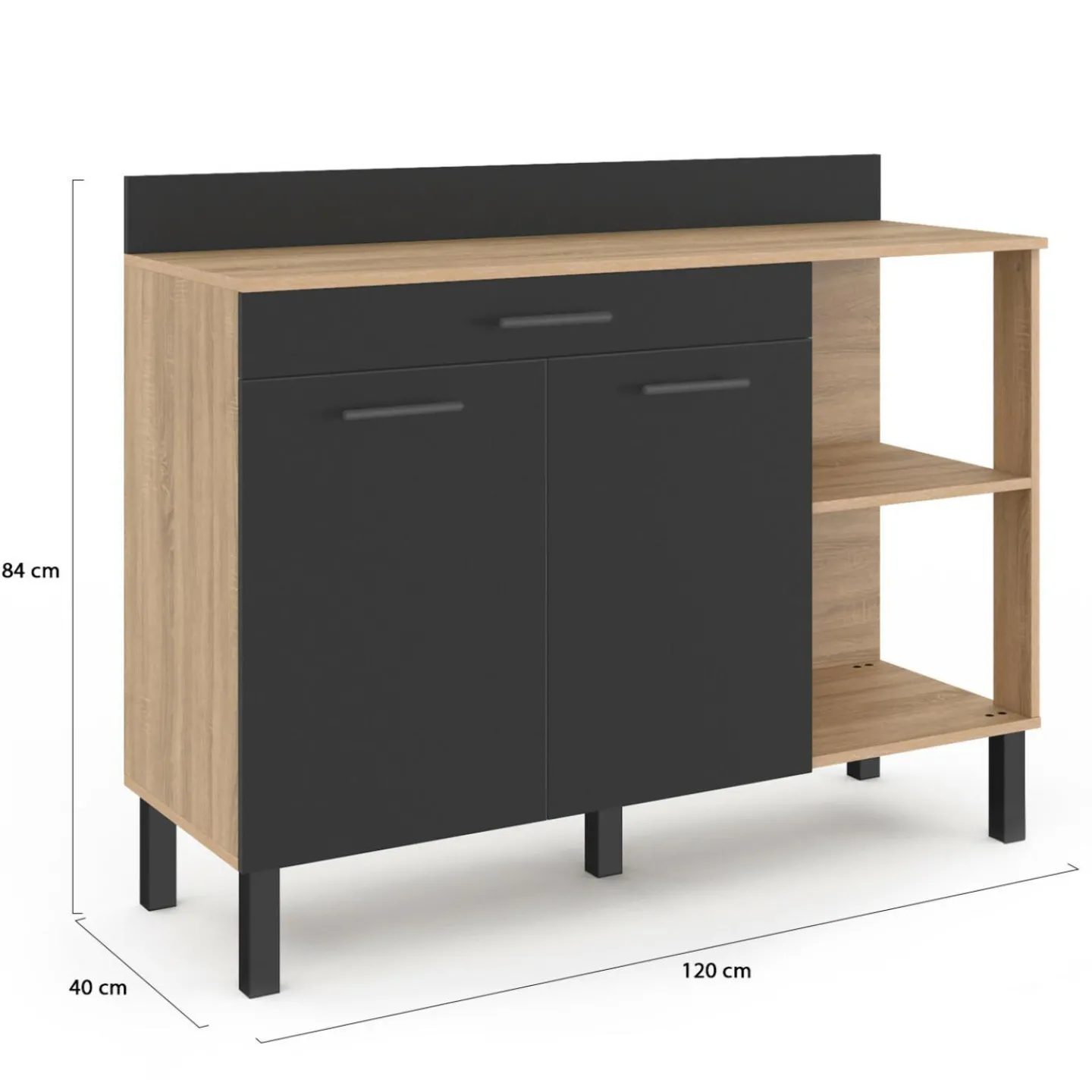 Buffet bas de cuisine bois façon hêtre 120 cm 2 portes + tiroir noir*IDMarket Hot