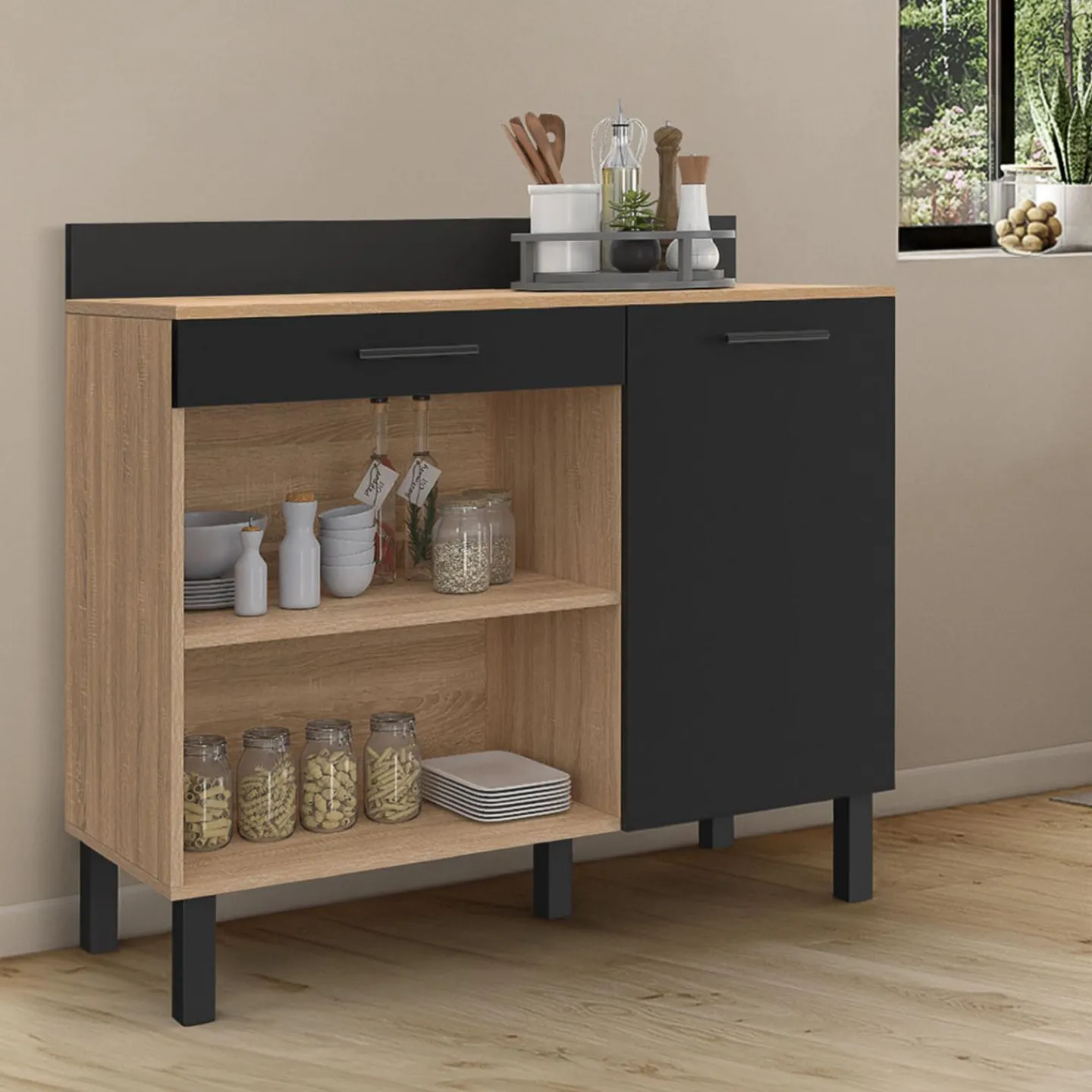 Buffet bas de cuisine en bois façon hêtre 100 cm porte + tiroir noir*IDMarket Outlet
