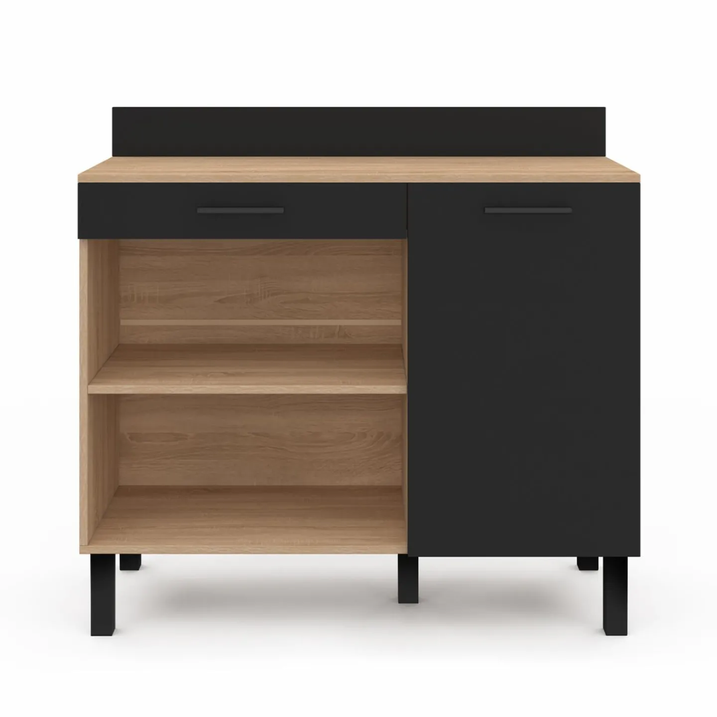 Buffet bas de cuisine en bois façon hêtre 100 cm porte + tiroir noir*IDMarket Outlet