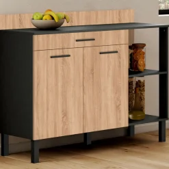 Buffet bas de cuisine noir 120 cm 2 portes + tiroir bois façon hêtre*IDMarket Online