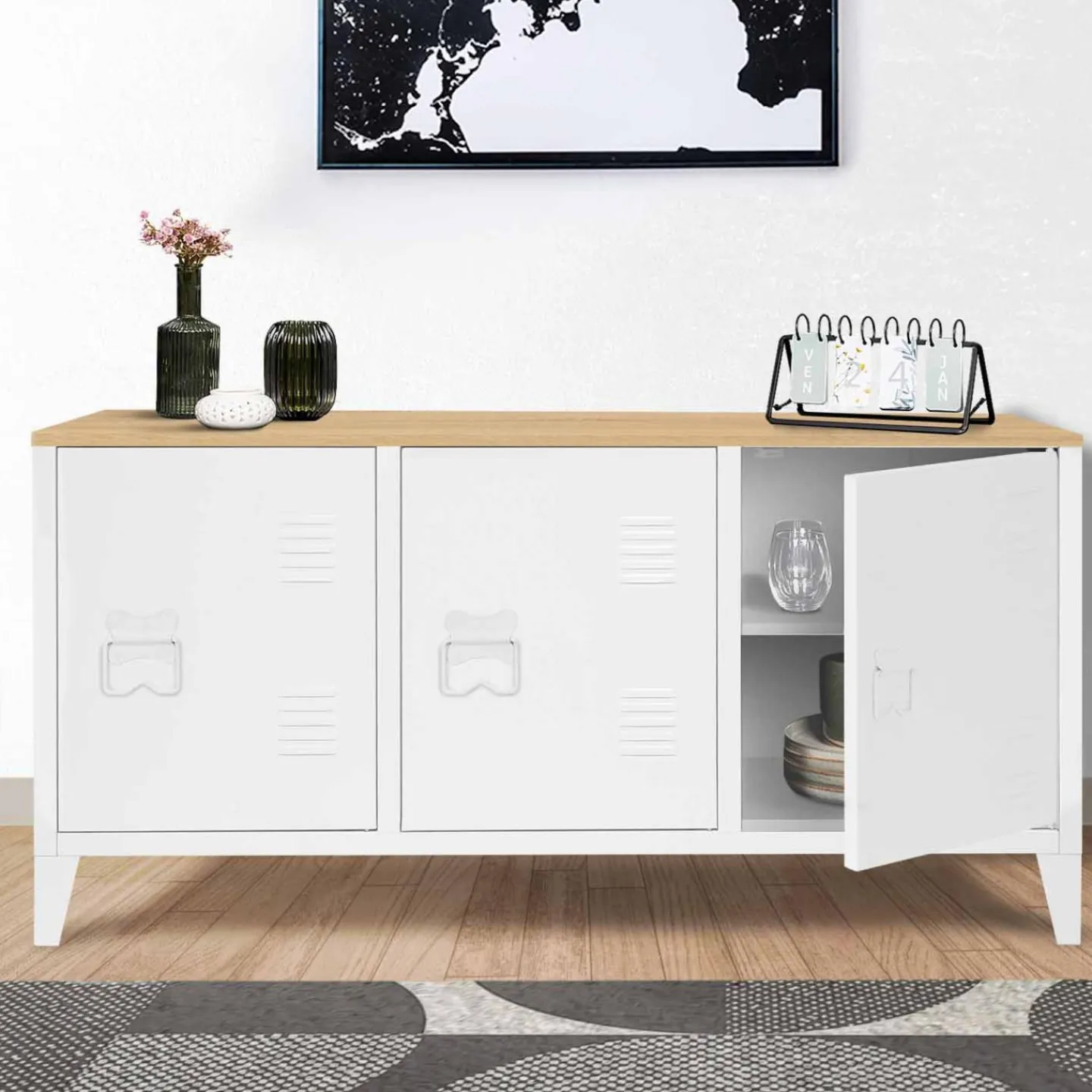 Buffet bas en métal blanc avec plateau de bois*IDMarket Discount