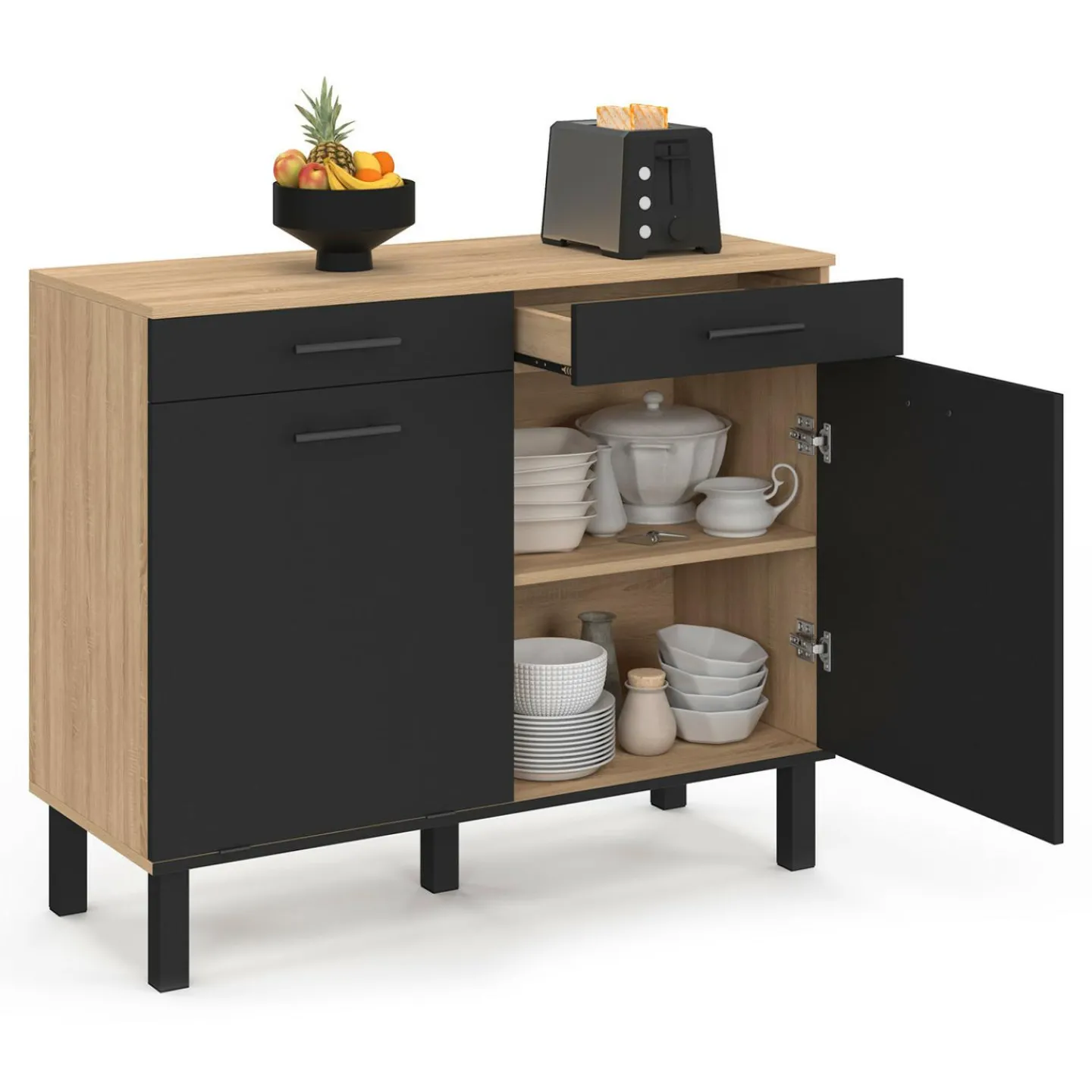 Buffet bas hêtre et noir avec espace poubelle*IDMarket Discount