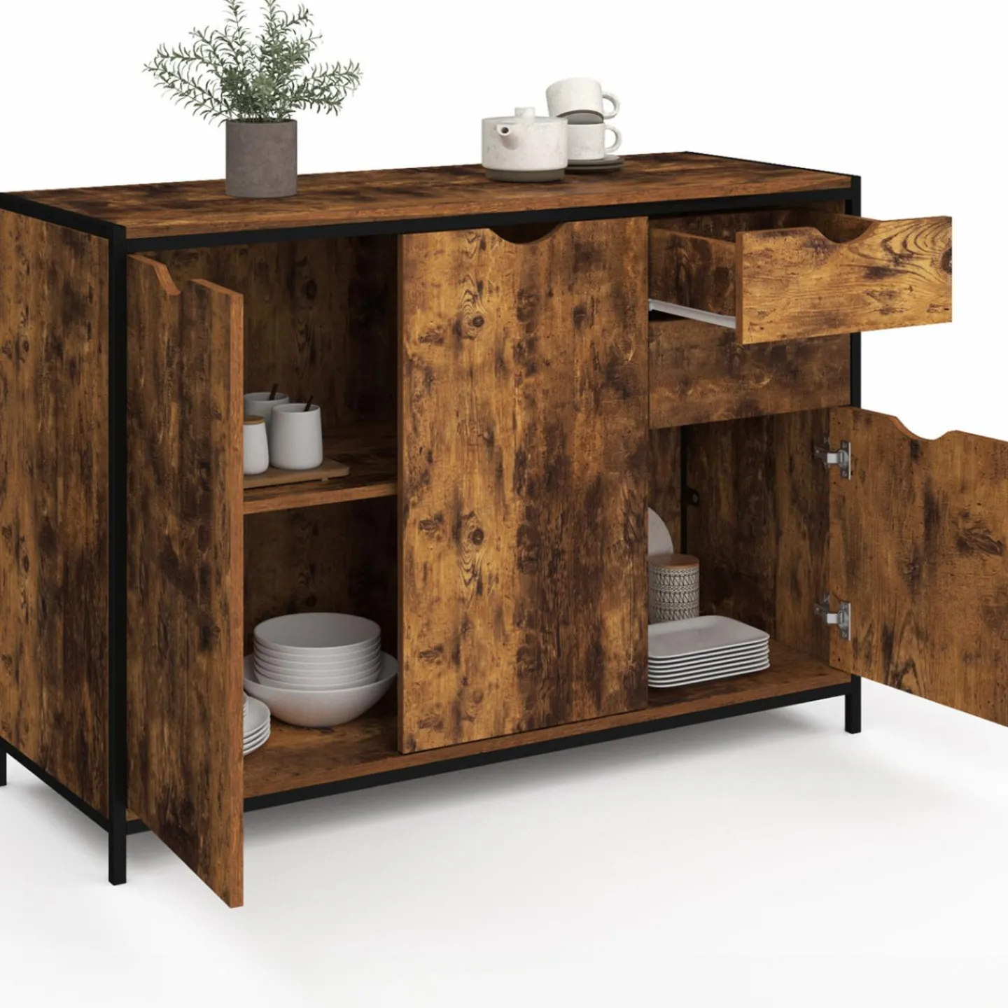 Buffet bas industriel 110 cm avec placards et tiroirs*IDMarket Discount