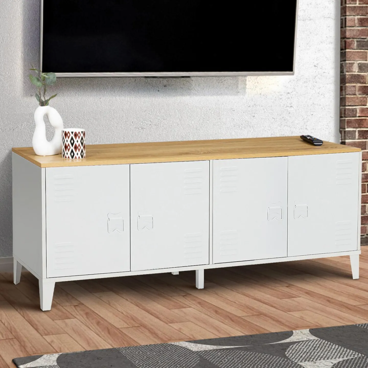 Buffet bas industriel 4 portes métal blanc et plateau bois*IDMarket Discount