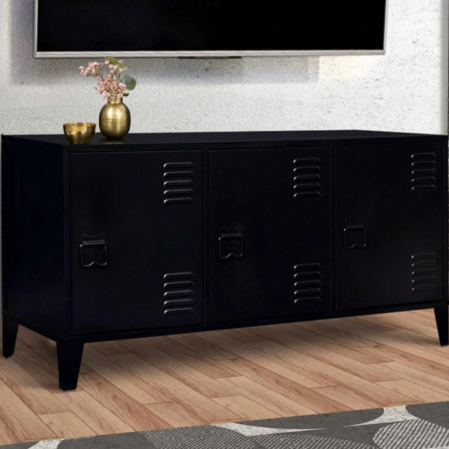 Buffet bas industriel 3 portes en métal noir*IDMarket Discount