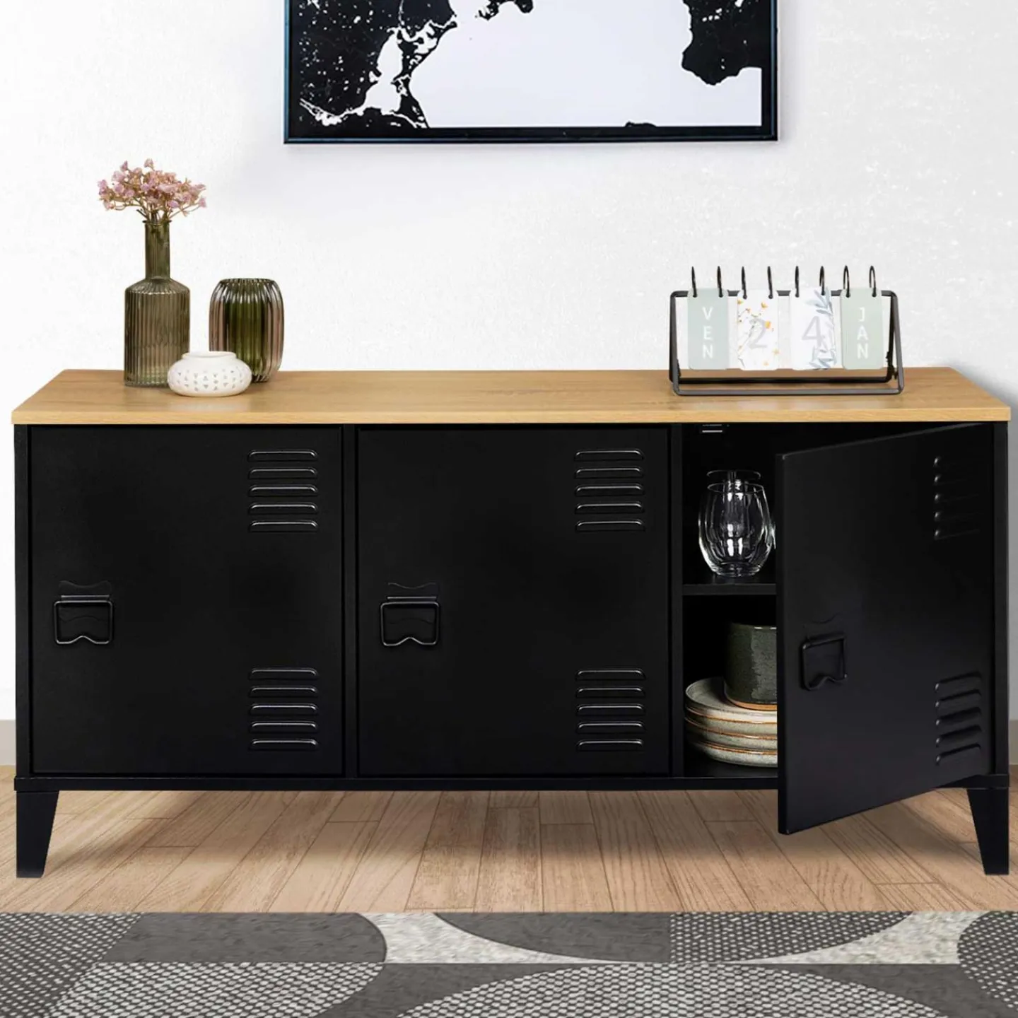 Buffet bas métal noir avec plateau bois*IDMarket Best