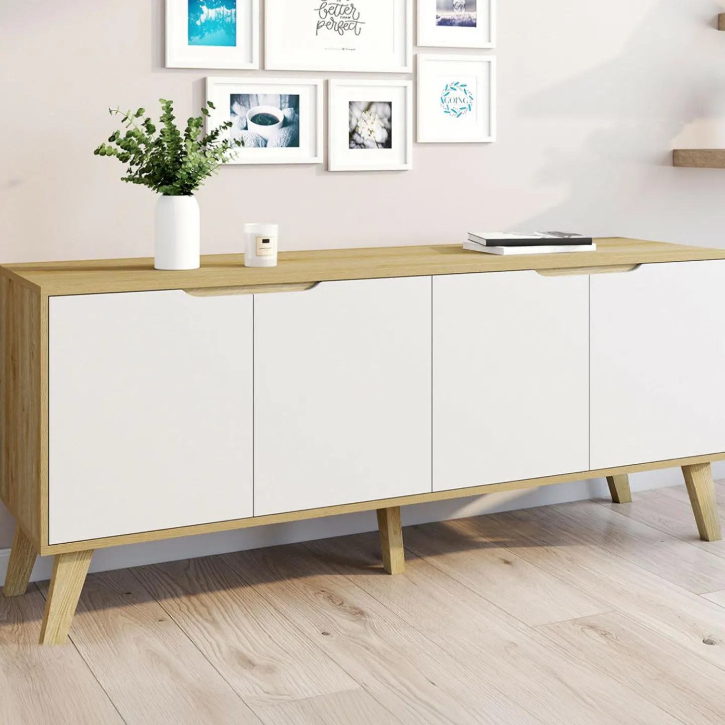 Buffet bas scandinave bois avec 4 portes blanches*IDMarket Discount