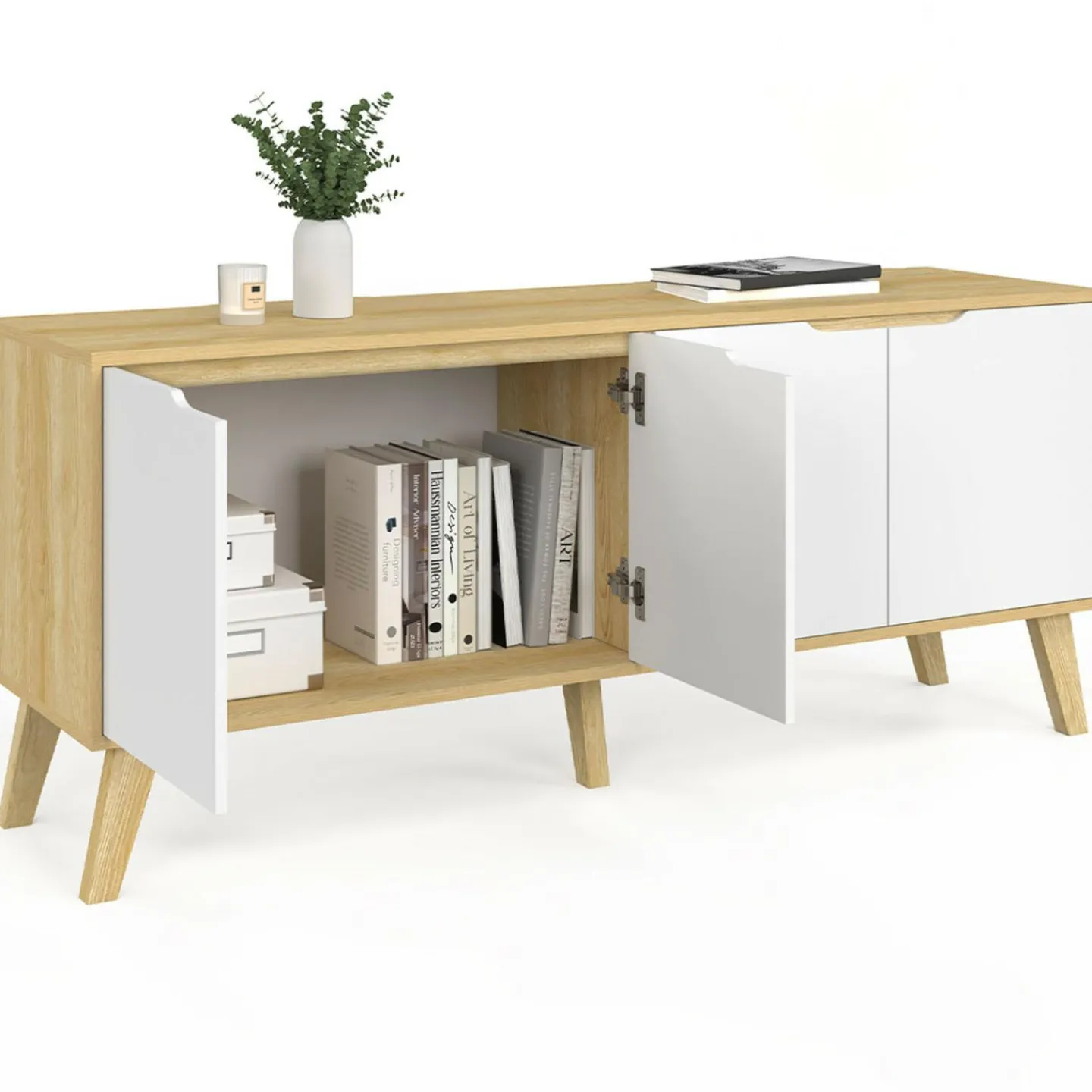 Buffet bas scandinave bois avec 4 portes blanches*IDMarket Discount
