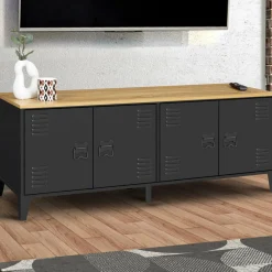 Buffet bas style industriel 4 portes métal noir et plateau bois 140 cm*IDMarket Outlet