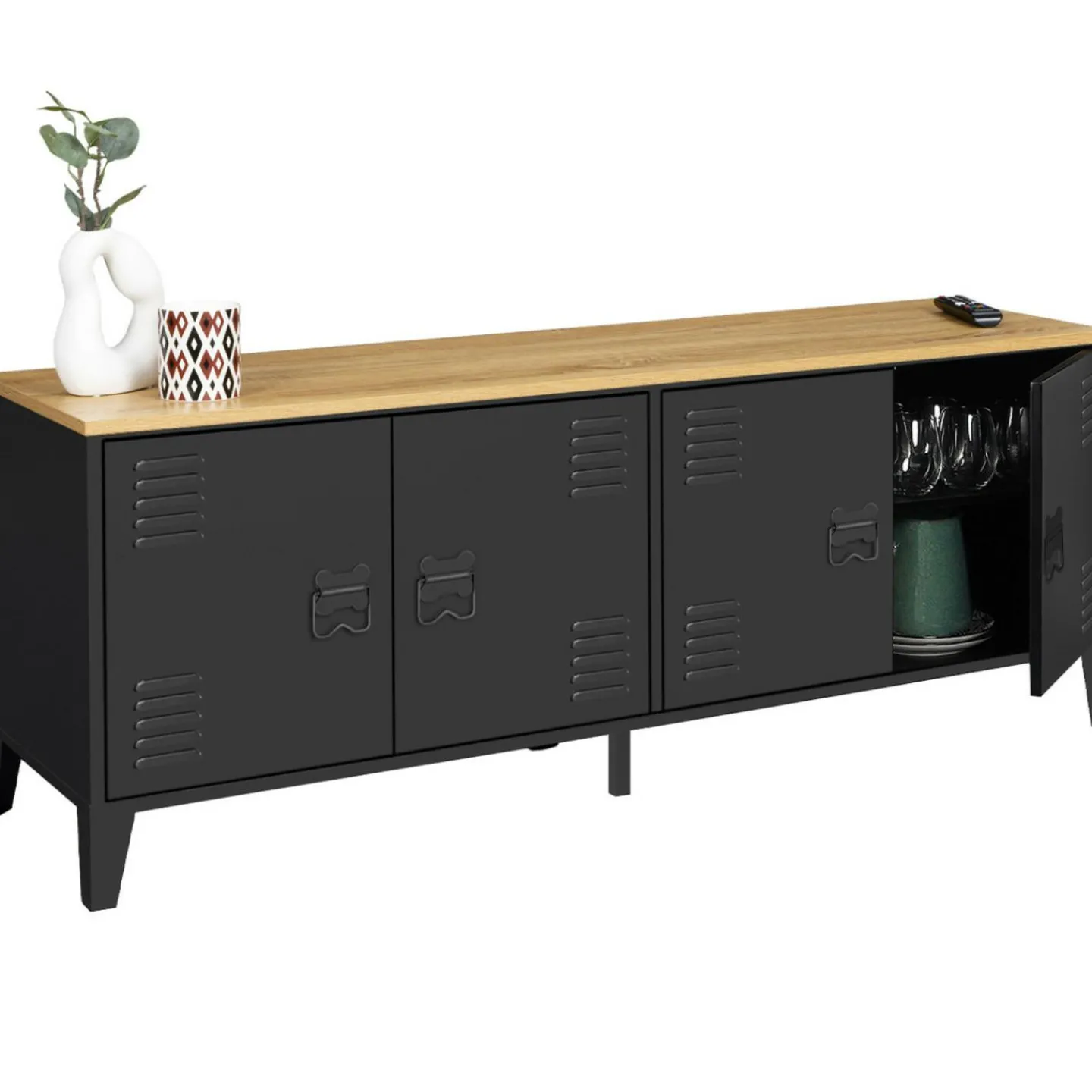 Buffet bas style industriel 4 portes métal noir et plateau bois 140 cm*IDMarket Outlet