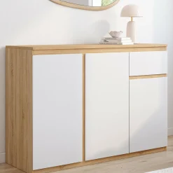 Buffet blanc et bois 100 cm 3 portes et 1 tiroir*IDMarket Best