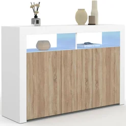 Buffet blanc et bois 3 portes avec LED*IDMarket New