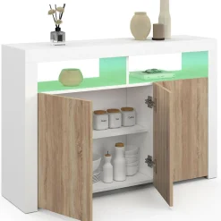 Buffet blanc et bois 3 portes avec LED*IDMarket New