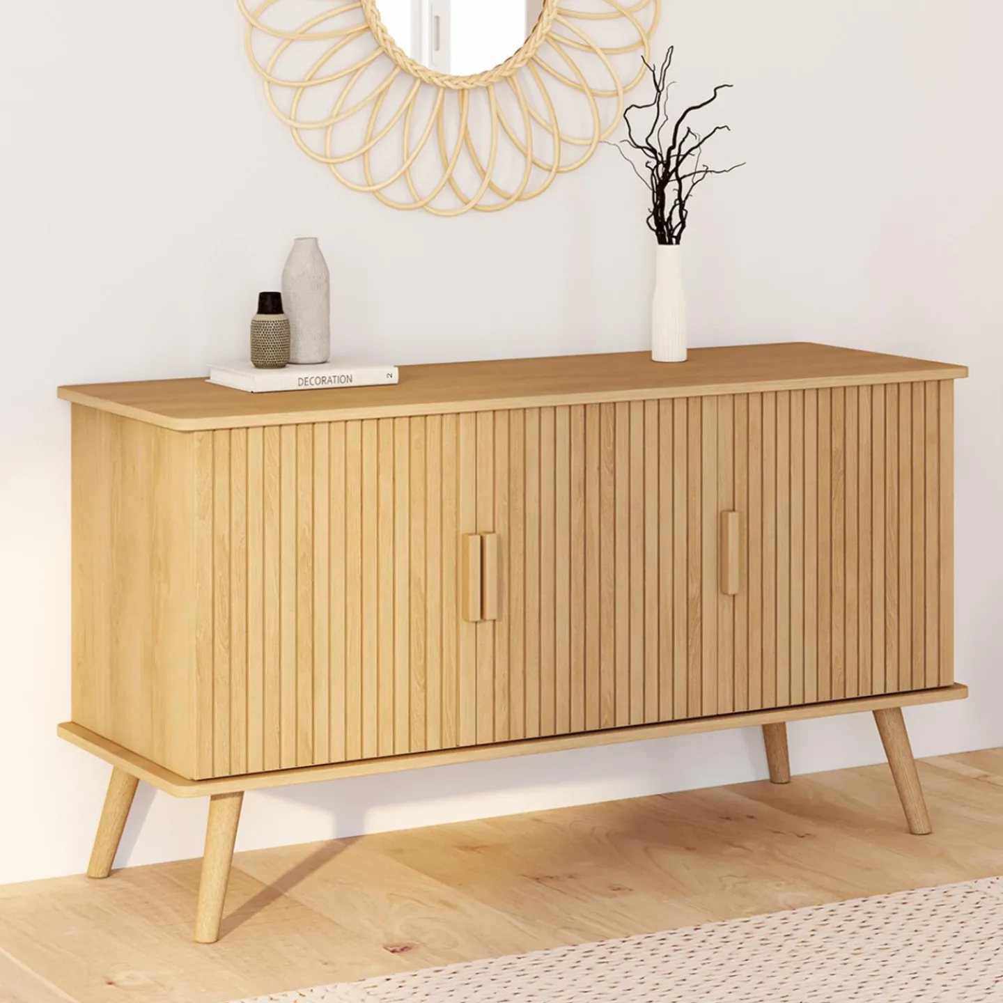 Buffet bois 3 portes 110 cm effet lattes*IDMarket Clearance