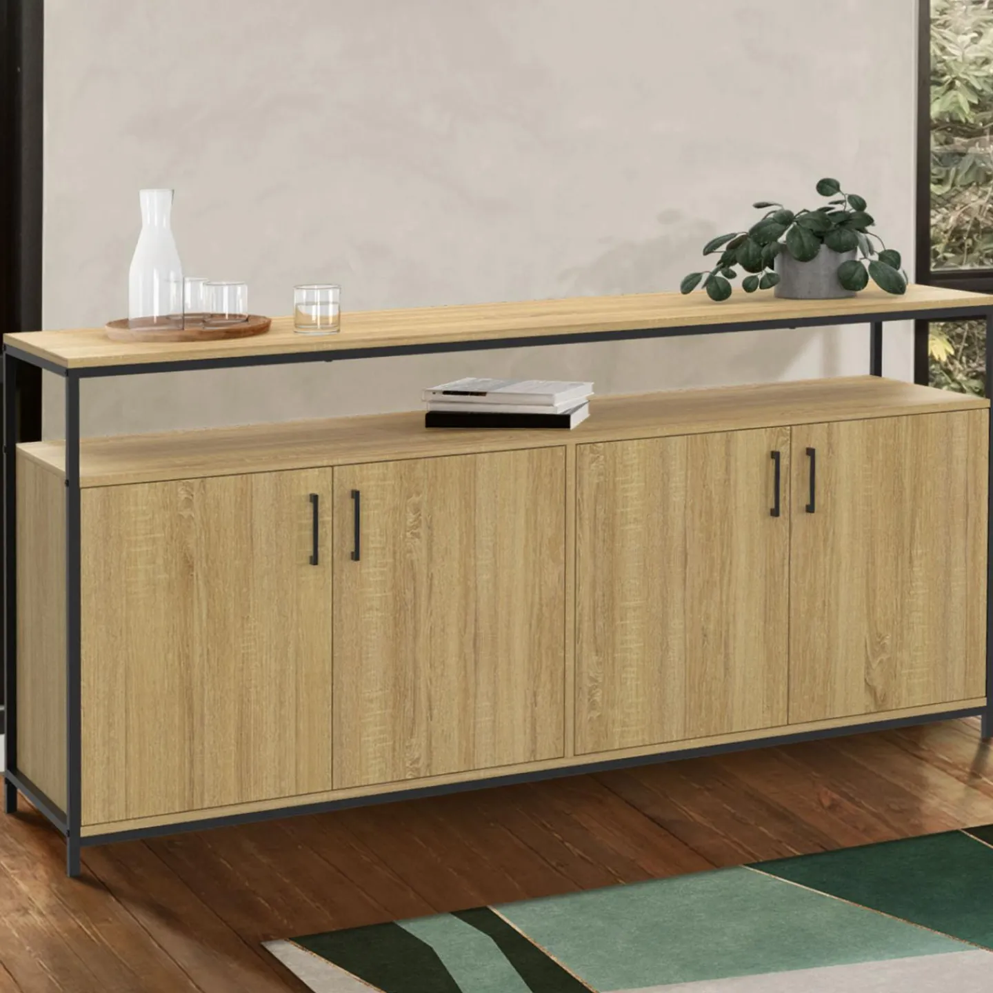 Buffet bois et noir style industriel 160 cm 4 portes*IDMarket Best