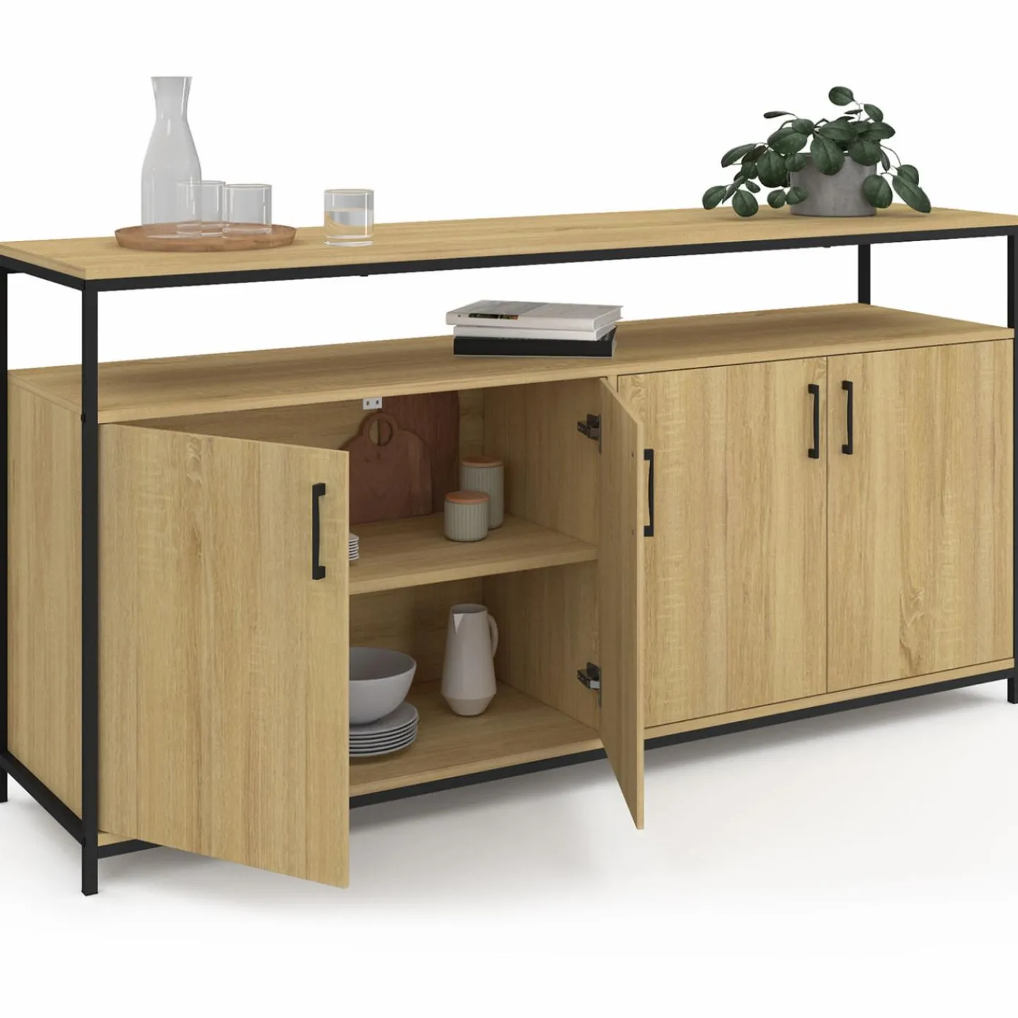 Buffet bois et noir style industriel 160 cm 4 portes*IDMarket Best