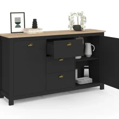 Buffet campagne 130 CM 2 portes 3 tirroirs bois et noir*IDMarket Sale