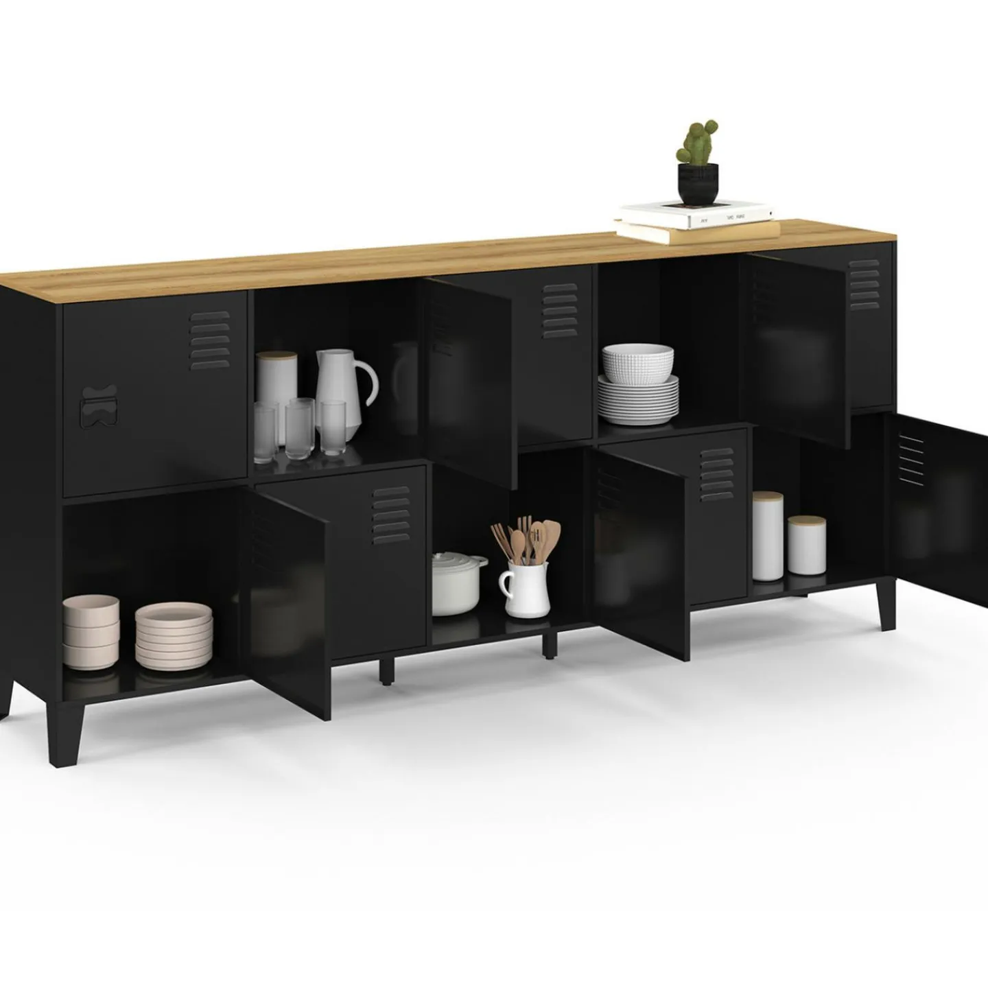 Buffet casier 180cm design industriel 10 portes en métal noir et plateau bois*IDMarket