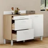 Buffet casserolier de cuisine 120 cm avec 1 porte et 3 tiroirs façon hêtre et blanc*IDMarket
