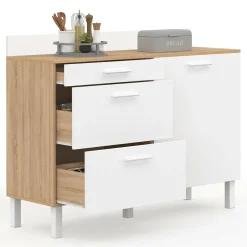 Buffet casserolier de cuisine 120 cm avec 1 porte et 3 tiroirs façon hêtre et blanc*IDMarket