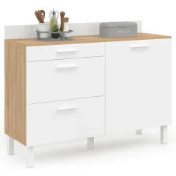 Buffet casserolier de cuisine 120 cm avec 1 porte et 3 tiroirs façon hêtre et blanc*IDMarket