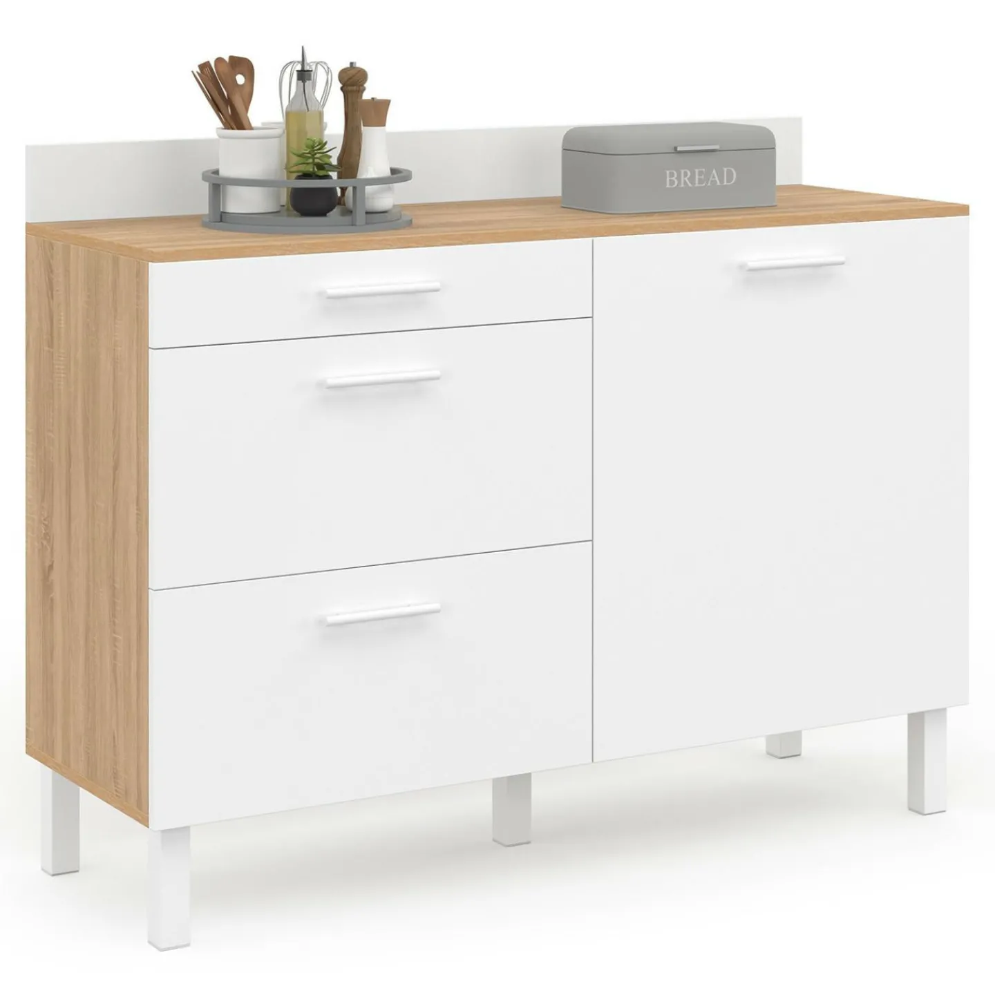 Buffet casserolier de cuisine 120 cm avec 1 porte et 3 tiroirs façon hêtre et blanc*IDMarket