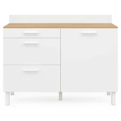 Buffet casserolier de cuisine 120 cm avec 1 porte et 3 tiroirs façon hêtre et blanc*IDMarket