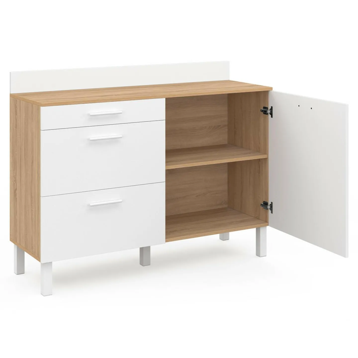 Buffet casserolier de cuisine 120 cm avec 1 porte et 3 tiroirs façon hêtre et blanc*IDMarket