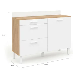 Buffet casserolier de cuisine 120 cm avec 1 porte et 3 tiroirs façon hêtre et blanc*IDMarket
