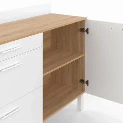 Buffet casserolier de cuisine 120 cm avec 1 porte et 3 tiroirs façon hêtre et blanc*IDMarket