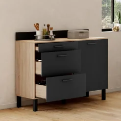 Buffet casserolier de cuisine noir et façon hêtre avec 1 porte et 3 tiroirs*IDMarket Hot