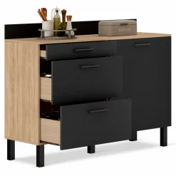Buffet casserolier de cuisine noir et façon hêtre avec 1 porte et 3 tiroirs*IDMarket Hot