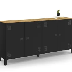 Buffet 160cm ESTER 4 portes en métal noir plateau bois design industriel*IDMarket Clearance