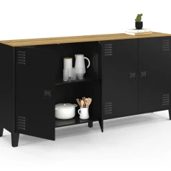 Buffet 160cm ESTER 4 portes en métal noir plateau bois design industriel*IDMarket Clearance