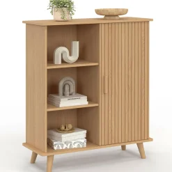 Buffet d'appoint 70 cm bois effet lattes et tasseau avec 3 étagères et placard*IDMarket Outlet