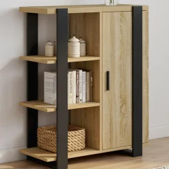 Buffet d'appoint 3 étagères et placard 70 cm bois et noir*IDMarket