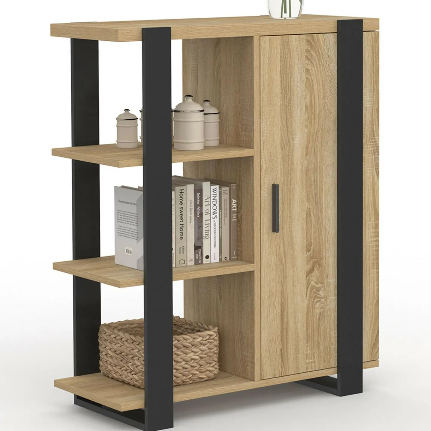 Buffet d'appoint 3 étagères et placard 70 cm bois et noir*IDMarket